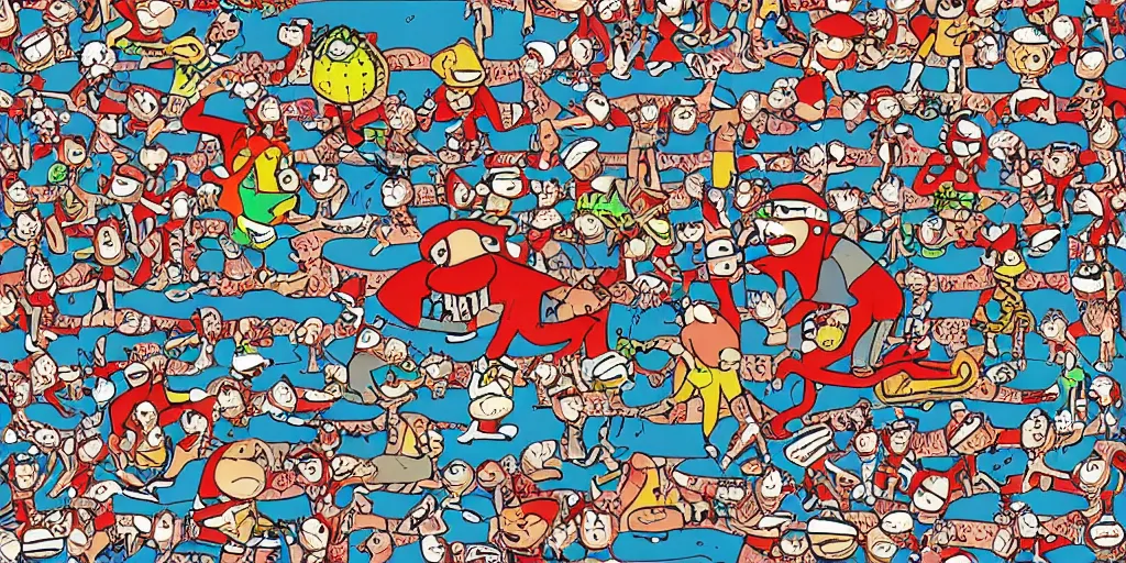 Prompt: wheres wally? Wally is lost on alien planet. by Martin Handford