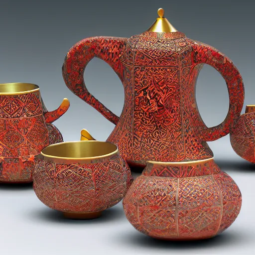 Image similar to Arabic calligraphy, Moroccan tea set, product design by pollock