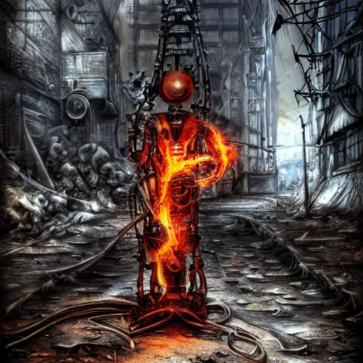 Prompt: flamethrower guitar robot standing in ruined street by Yoshitaka Amano, by HR Giger, biomechanical, 4k, hyper detailed, hyperrealism, anime, a Blood Moon rising on a Broken World, deviantart, artstation