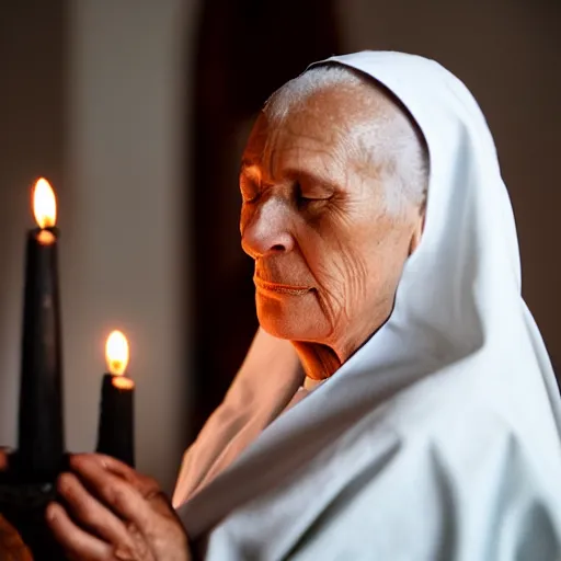 Prompt: a portrait photograph of a serious, spiritual, 6 8 - year - old nun praying in a church, lit by candles, portrait canon 8 5 mm f 1. 2 photograph head and shoulders portrait