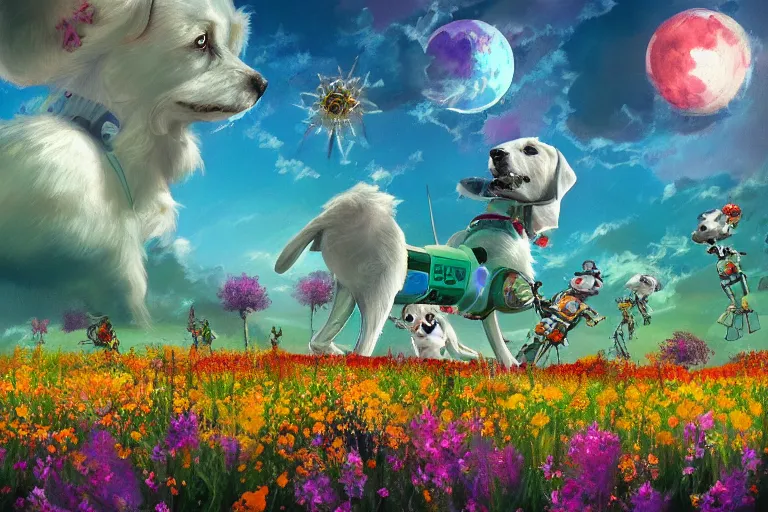 Prompt: beautiful painting robot dogs playing in a stunning field of flowers, blue sky, huge multiple moons by phil foglio and vincent dutrait, trending on artstation, hdr