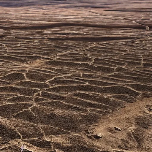 Image similar to climate catastrophe dystopian draught wide angle landscape skeletons desert dark 4 k