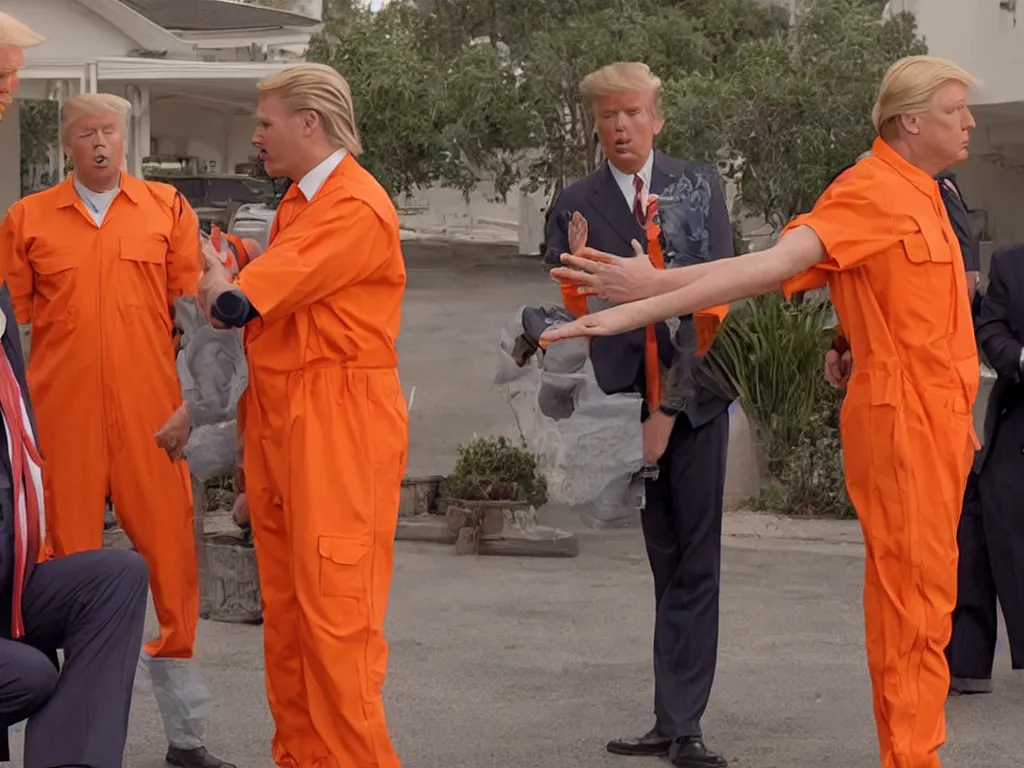 Prompt: screenshot of donald trump in arrested development wearing an orange jumpsuit