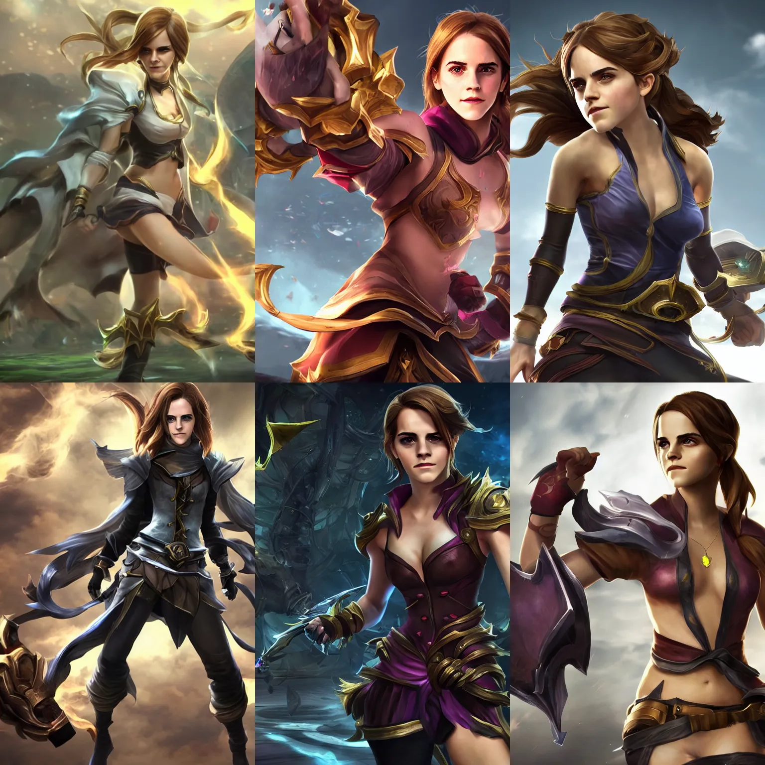 Prompt: Emma Watson as a badass champion in league of legends. In game capture. 3D render.