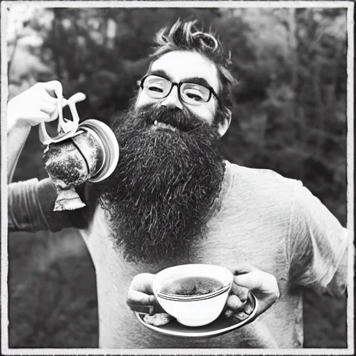 Image similar to small creatures having tea party in a humans beard.