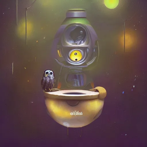 Prompt: long shot of a very cute owl chick nesting in a very futuristic cup, esao andrews, humorous illustration, hyperrealistic, big depth of field, warm colors, night scenery, low light, 3 d octane render, 4 k, conceptart, hyperdetailed, hyperrealistic, trending on artstation