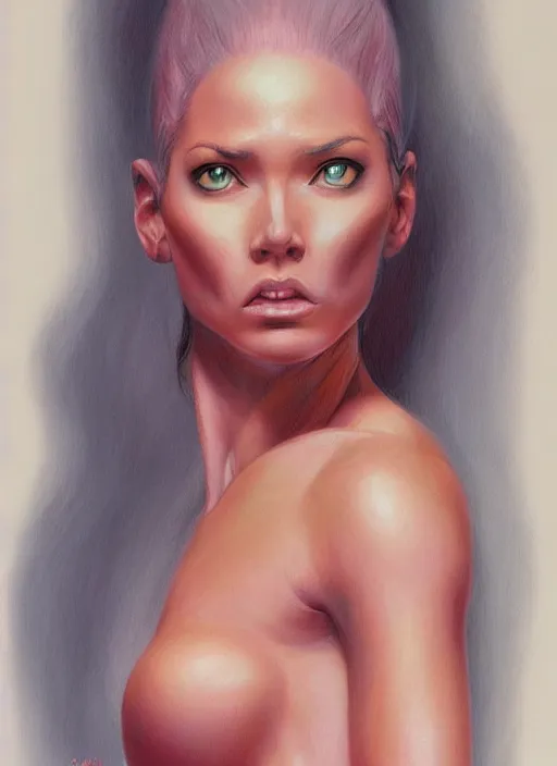 Image similar to a portrait of a pink cat hybrid human woman, art by boris vallejo and greg danton and denys tsiperko, detailed, hyperrealism, artstation