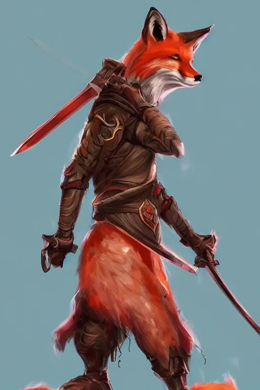 Image similar to anthropomorphic fox wielding dual blades wearing samurai clothes standing on top of robot scraps, concept art, digital painting, trending on artstation, electric sparks, moody lighting