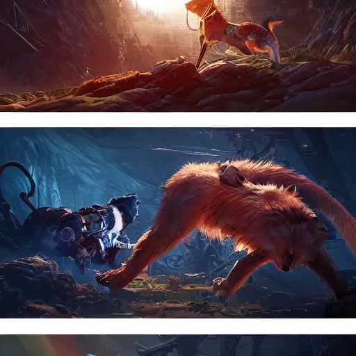 Prompt: a beautiful photograph of a biopunk wolf fighting a cyborg fox. intricate, epic lighting, cinematic composition, hyper realistic, 8 k resolution, unreal engine 5, by artgerm, tooth wu, dan mumford, beeple, wlop, rossdraws, james jean, marc simonetti, artstation