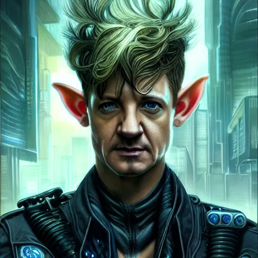 Image similar to portrait painting of a cyberpunk elven cop who looks like jeremy renner, ultra realistic, concept art, intricate details, eerie, highly detailed, photorealistic, octane render, 8 k, unreal engine. art by artgerm and greg staples and elsa beskow and brian froud and jessica rossier