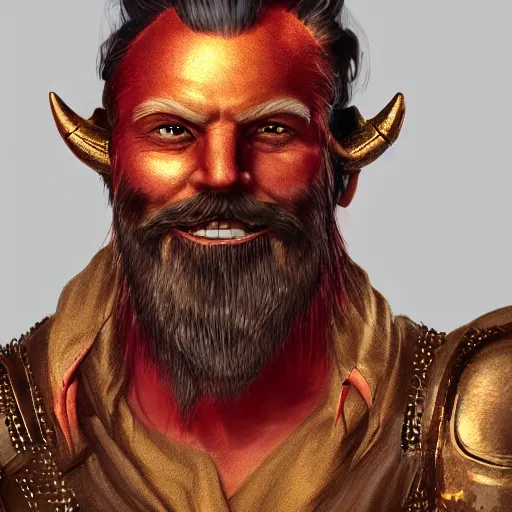 Image similar to dnd render of a man, red, a big black beard, completely golden eyes, 1 curved horn growing out of his forehead, one broken horn groing out of his forehead,