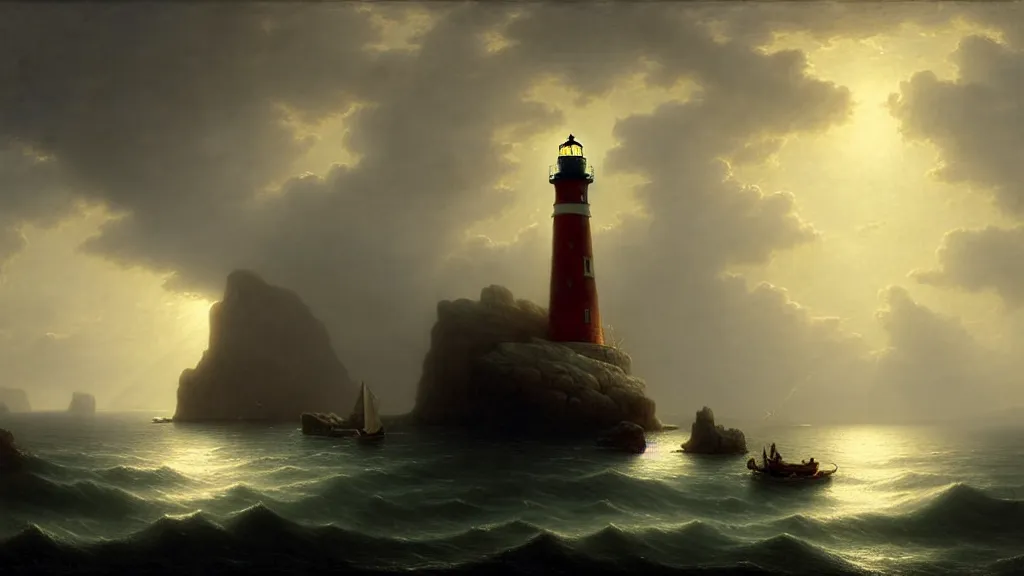 Image similar to lighthouse in the cave, sail boat, andreas achenbach, artgerm, mikko lagerstedt, zack snyder, tokujin yoshioka