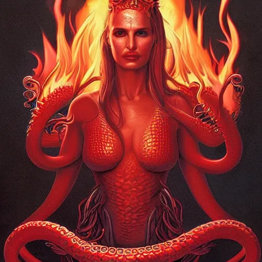 Prompt: queen of hell portrait of natalie portman, fire and flame, big long hell serpent octopus, Pixar style, by Tristan Eaton Stanley Artgerm and Wayne Barlowe and Tom Bagshaw and Boris Vallejo.