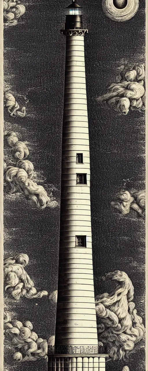 Image similar to an epic lighthouse radiates a unique canto'as above so below'while being ignited by the spirit of haeckel and robert fludd, breakthrough is iminent, glory be to the magic within, in honor of saturn, painted by ronny khalil