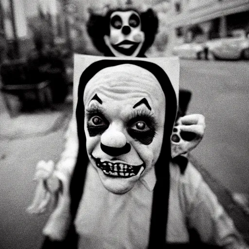 Prompt: creepy clown on the street, vintage photograph, black and white, disposable film, 8 mm, analog