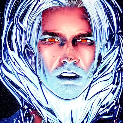 Prompt: man portrait made out of ice, beautiful, cyborg, comic book art, blond hair, neon, highly detailed