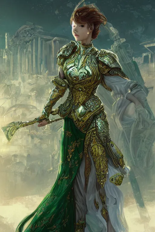 Image similar to portrait knights of Zodiac girl, metalic green and white reflected armor, in ruined Agora of Athens sunrise, ssci-fi, fantasy, intricate, very very beautiful, elegant, golden light, highly detailed, digital painting, artstation, concept art, smooth, sharp focus, illustration, art by tian zi and WLOP and alphonse mucha