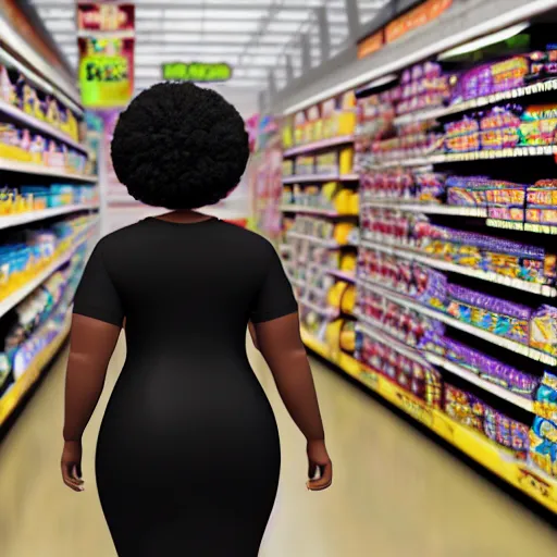 Image similar to high quality still of black bbw woman in wal-mart, 3d, in the style of pixar, comic book style, from behind, highly detailed, 16k resolution, octane renderer, coherent