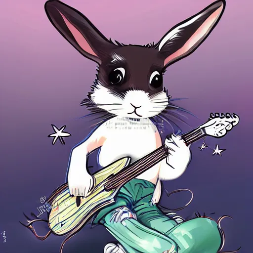 Image similar to a rabbit playing guitar, realistic anime art