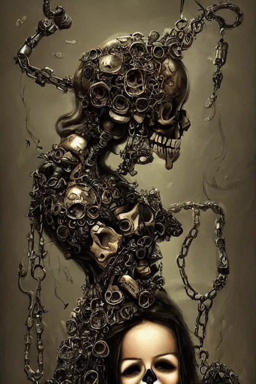 Image similar to beutifull and very tired womanlooking pile off empty bottles, skull made out of smoke coming out of bottles,, fantasy, intricate, elegant, highly detailed, digital painting, artstation, concept art, addiction, chains, smooth, sharp focus, illustration, art by Ilja Repin