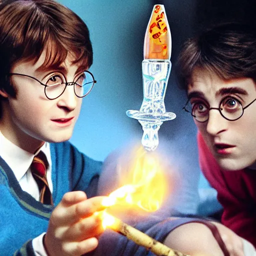 Prompt: harry potter smoking a bong while sitting on a couch with a lava lamp next to him