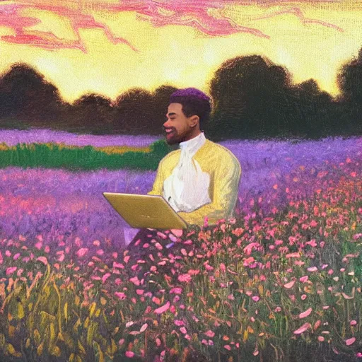 Image similar to a lightskin black man with short hair in a vast field of flowers, using a macbook laptop, wide shot, golden hour, vintage, impressionist painting, fine art, oil painting, dreamy, pastel, happy, intricate details, sharp, peaceful, serene