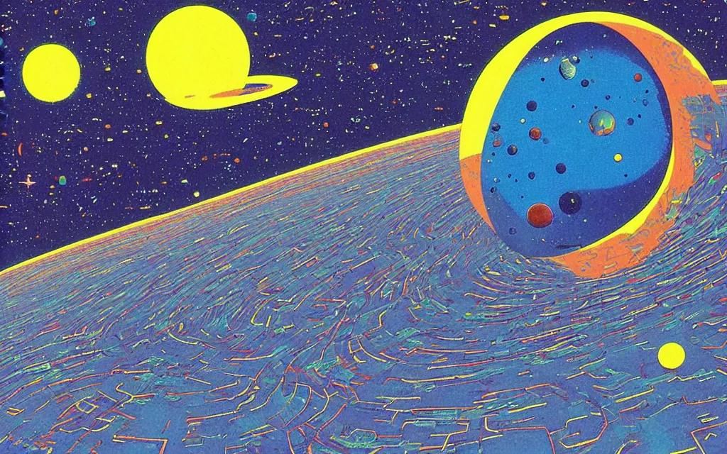 Image similar to planet earth seen from very very far away with the empty cosmic landscape on the background. Retro modern art by jean giraud.