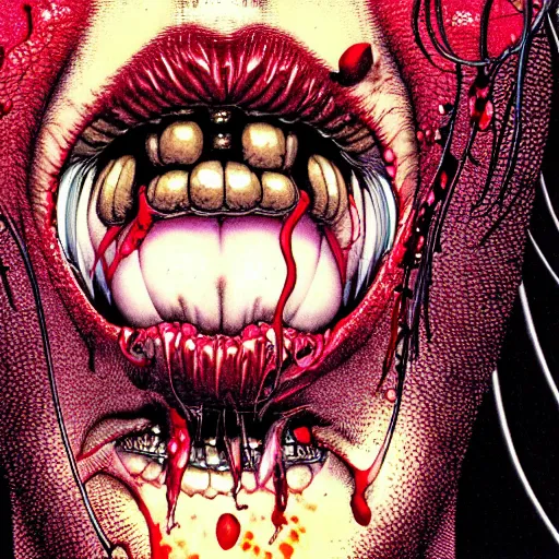 Image similar to closeup of face melting and tongues, by yoichi hatakenaka, masamune shirow, josan gonzales and dan mumford, ayami kojima, takato yamamoto, karol bak