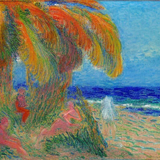 Prompt: oil paint impasto reliefs, italian beach scene, an artwork by charles w. bartlett and claude monet and colin campbell cooper