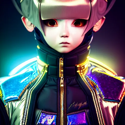 Image similar to hyperdetailed streets metals and shiny iridescent gems, dark rainbow nimbus, gold necklace, puffer jacket, inspired by ross tran and masamune shirow and kuvshinov, intricate, photorealistic, octane render, rtx, hdr, unreal engine, dnd digital art by artgerm