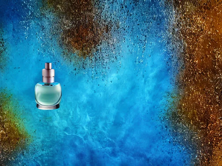 Image similar to perfume bottle in the center of a desert oasis in deep blue pond water surrounded by tropical flora ; 4 style of nicholas fols, 2 0 0 mm, mute dramatic colours, soft blur outdoor stormy sea background, volumetric lighting, hyperrealistic