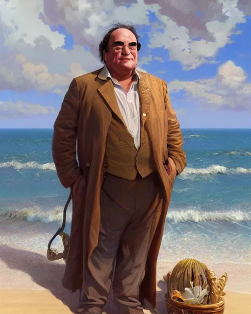 Prompt: beautiful, danny de vito standing in front of a beach, intricate, stunning, highly detailed, digital painting, artstation, concept art, smooth, sharp, focus, illustration, art by artgerm and greg rutkowski and alphonse mucha