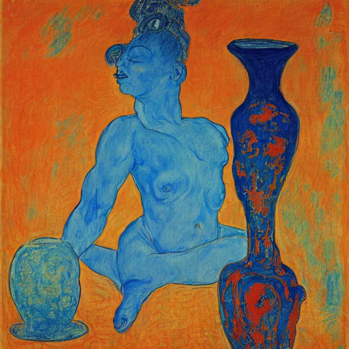 Prompt: tantric deity with vase. indigo blue, turquoise, cinnabar. henri de toulouse - lautrec, ferdand hodler, egon schiele, gauguin