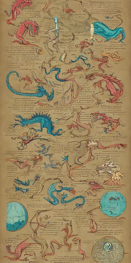 Image similar to anatomy of a dragons, diagrams, map, marginalia, sketchbook, old script, inhabited initials, pastel infographic by Wes Anderson and victo ngai