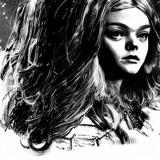 Prompt: ink illustration of Elle Fanning in the world of Fallout and Bruce Pennington, head and shoulders masterpiece, apocalypse, golden hour, cosmic horror, artstation, in the style of Yoji Shinkawa, extremely detailed