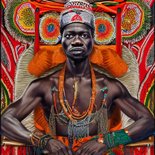 Image similar to highly detailed painting of the oba of benin surrounded by masquerades, fantasy, 8 k, realistic, symmetrical, digital illustration, in the style of kehinde wiley, artem demura