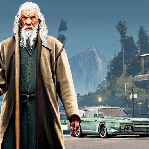 Image similar to Gandalf in GTA 5, cover art by Stephen Bliss, boxart, loading screen