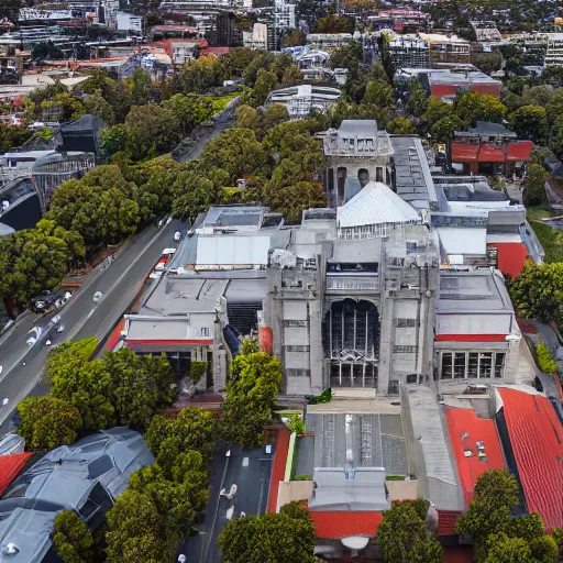 Prompt: University of Melbourne in flames, 4K drone photography