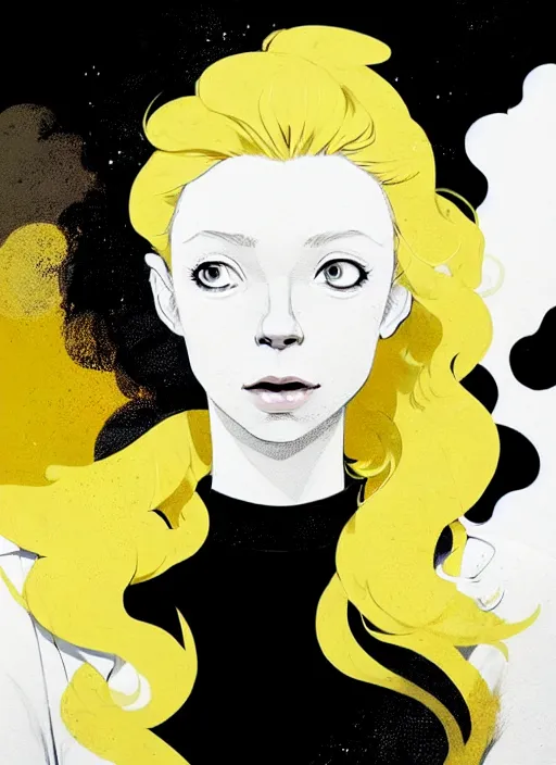 Image similar to highly detailed closeup portrait of beautiful portia doubleday, blonde wavy hair, angela moss, white suit by atey ghailan, by greg rutkowski, by greg tocchini, by james gilleard, by joe fenton, by kaethe butcher, gradient yellow, black and white color scheme, grunge aesthetic!!! ( ( graffiti tag wall background ) )