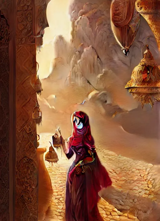 Image similar to a young arabian lady smoking herbs at a desert spice market, shiny, fantasy, intricate, elegant, hyper detailed, ultra definition, photoreal, artstation, unreal engine rendered, concept art, smooth, sharp focus, illustration, art by artgerm and greg rutkowski and alphonse mucha and garis edelweiss