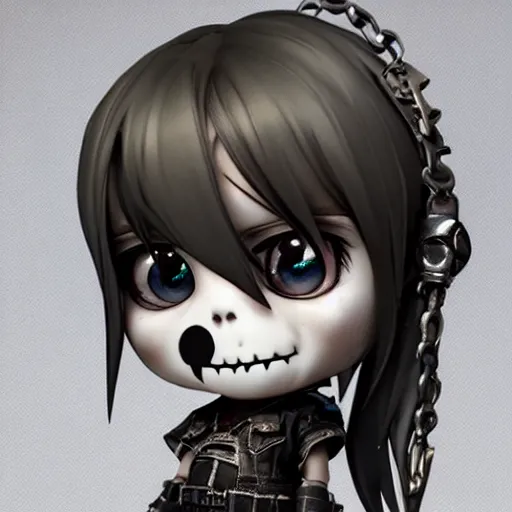 Prompt: portrait of a grungy skull anime and chibi very cute doll by super ss, cyberpunk fashion, nendoroid, kawaii, fantasy art by craig mullins, thomas kinkade, character modeling, maximalist sculpted design, toy design, substance 3 d painter, vray, soft vinyl, trending in artstation