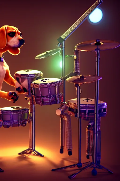 Image similar to high quality 3 d render very cute cyborg beagle plays drums!, cyberpunk highly detailed, unreal engine cinematic smooth, in the style of blade runner & pixar, hannah yata charlie immer, moody light, low angle, uhd 8 k, sharp focus