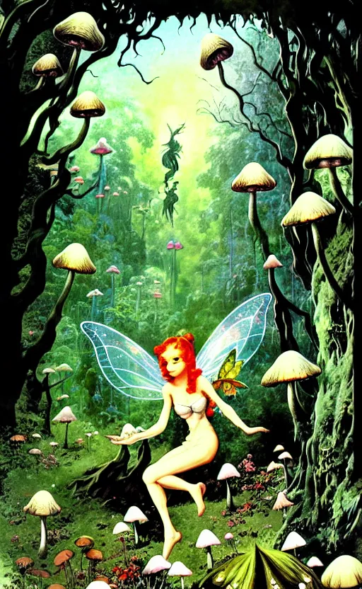 Prompt: fairies with detailed faces, enchanted forest, mushrooms on the ground, stars in the sky, psychedelic, wide angle shot, white background, vector art, illustration by frank frazetta