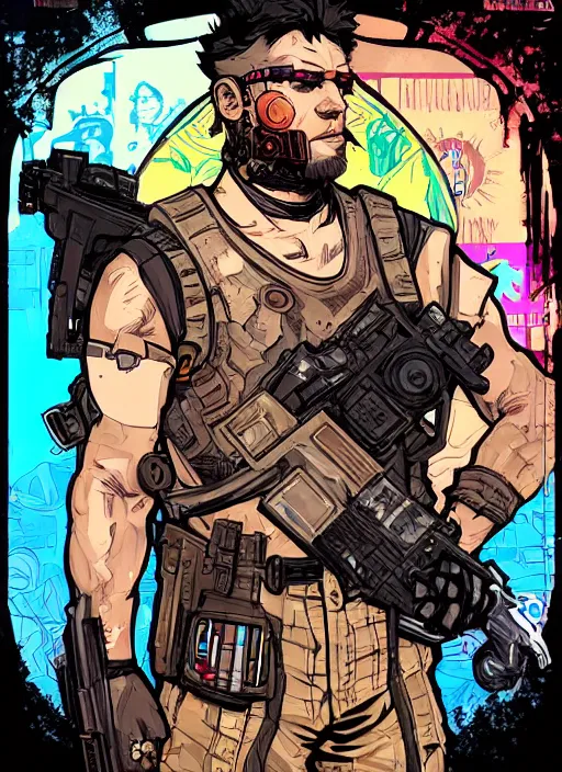 Image similar to vernon. buff cyberpunk mercenary. portrait illustration, pop art, splash painting, art by ashley wood, alphonse mucha, laurie greasley and josan gonzales ( apex legends )