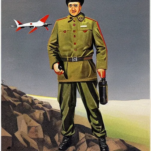 Image similar to a detailed and complex uncut full body soviet propaganda poster depicting a dromaius in military uniform. painting by dmitri moor