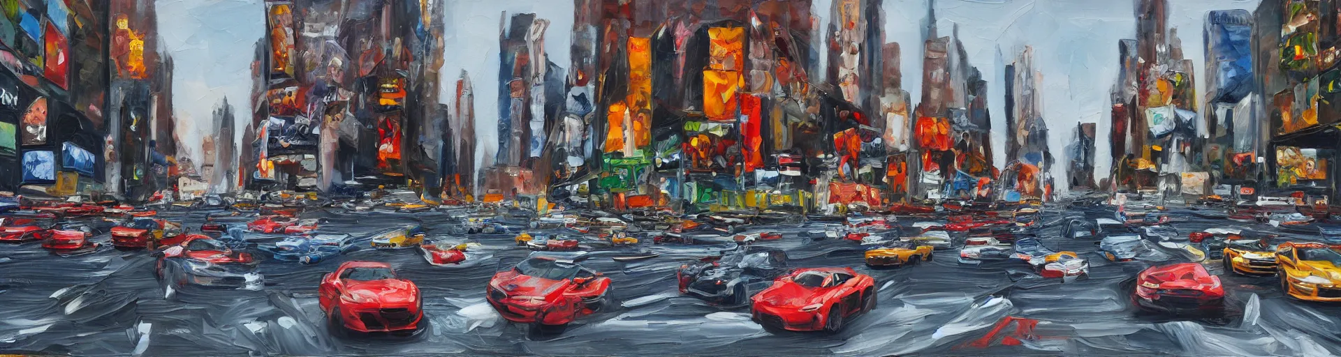 Prompt: a detailed oil painting of cars racing in new york city