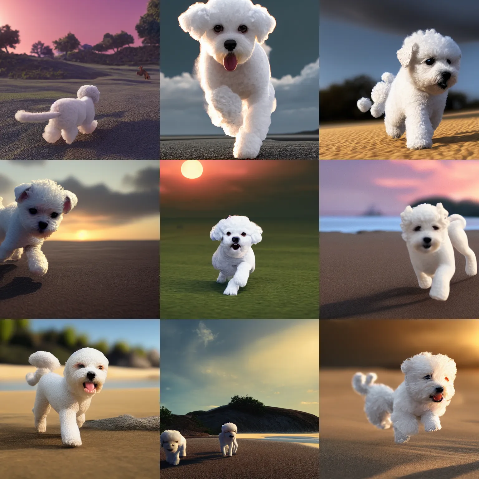 Prompt: a photorealistic image of a knitted white bichon puppy chasing a squirrel across beach during sunset Trending on artstation, featured on Behance, well-rendered, Unreal Engine, 4K HD