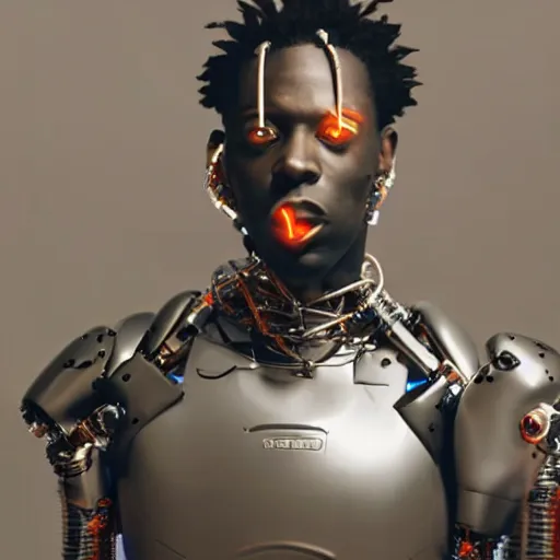 Image similar to a cinematic film still of rapper unotheactivist as a cybernetic cyborg, cgi, surrealism, film photography