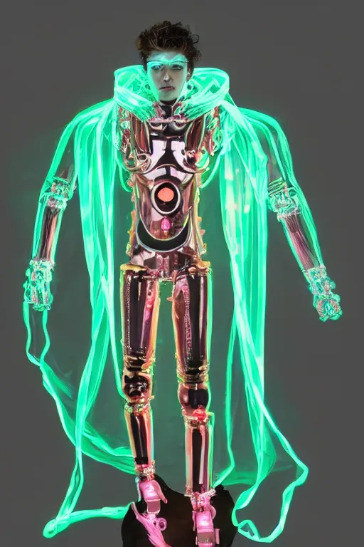 Prompt: full-body rococo and cyberpunk style mint neon and ceramic statue of a muscular attractive Nick Jonas as a robot god humanoid wearing a thin see-through plastic cloak sim roupa, posing like a superhero, suspended to the wall thick clear cables around his wrists, glowing peach face, crown of pink steampunk lasers, large diamonds, swirling silver silk fabric. futuristic elements. oozing glowing liquid, full-length view. space robots. human skulls. throne made of bones, intricate artwork by caravaggio. Trending on artstation, octane render, cinematic lighting from the right, hyper realism, octane render, 8k, depth of field, 3D