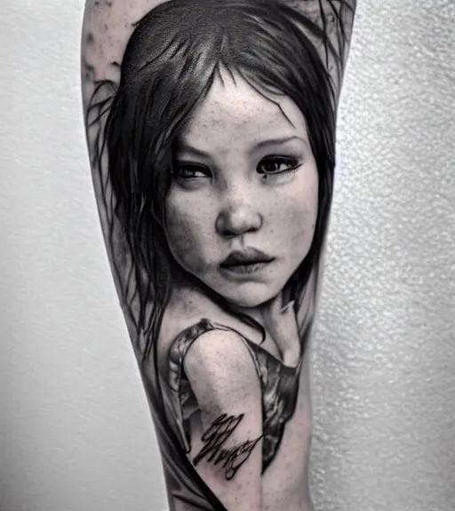 Image similar to a beautiful girl portrait at amazing nature and mountains, realism tattoo, in the style of den yakovlev, black and white, hyper realistic, highly detailed